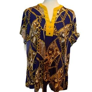 NAVY BLUE golden chain prints ATELIER 29 Short Sleeve  top SZ 2X